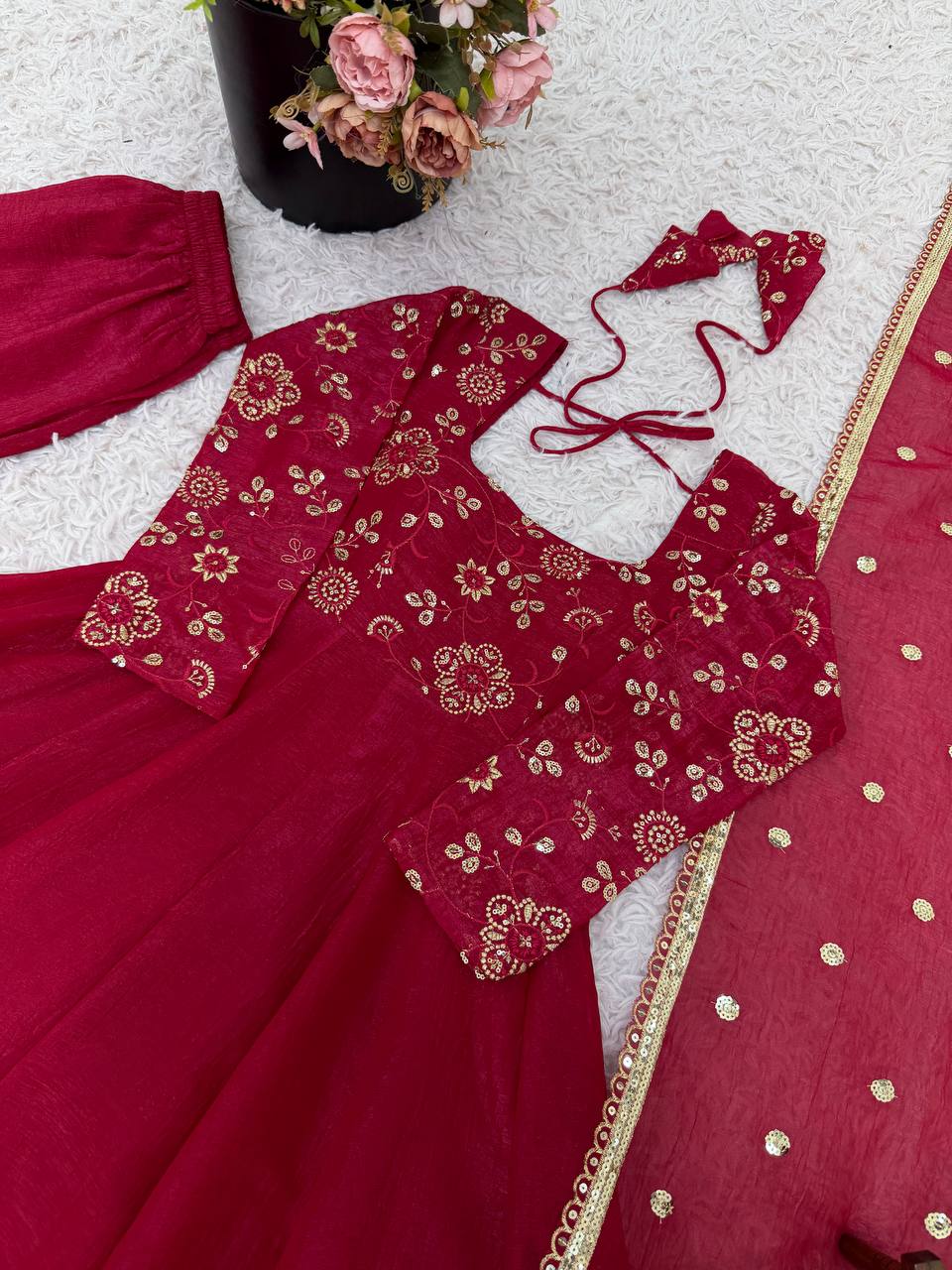 Maroon Crunchy Silk Gown with Embroidered Dupatta