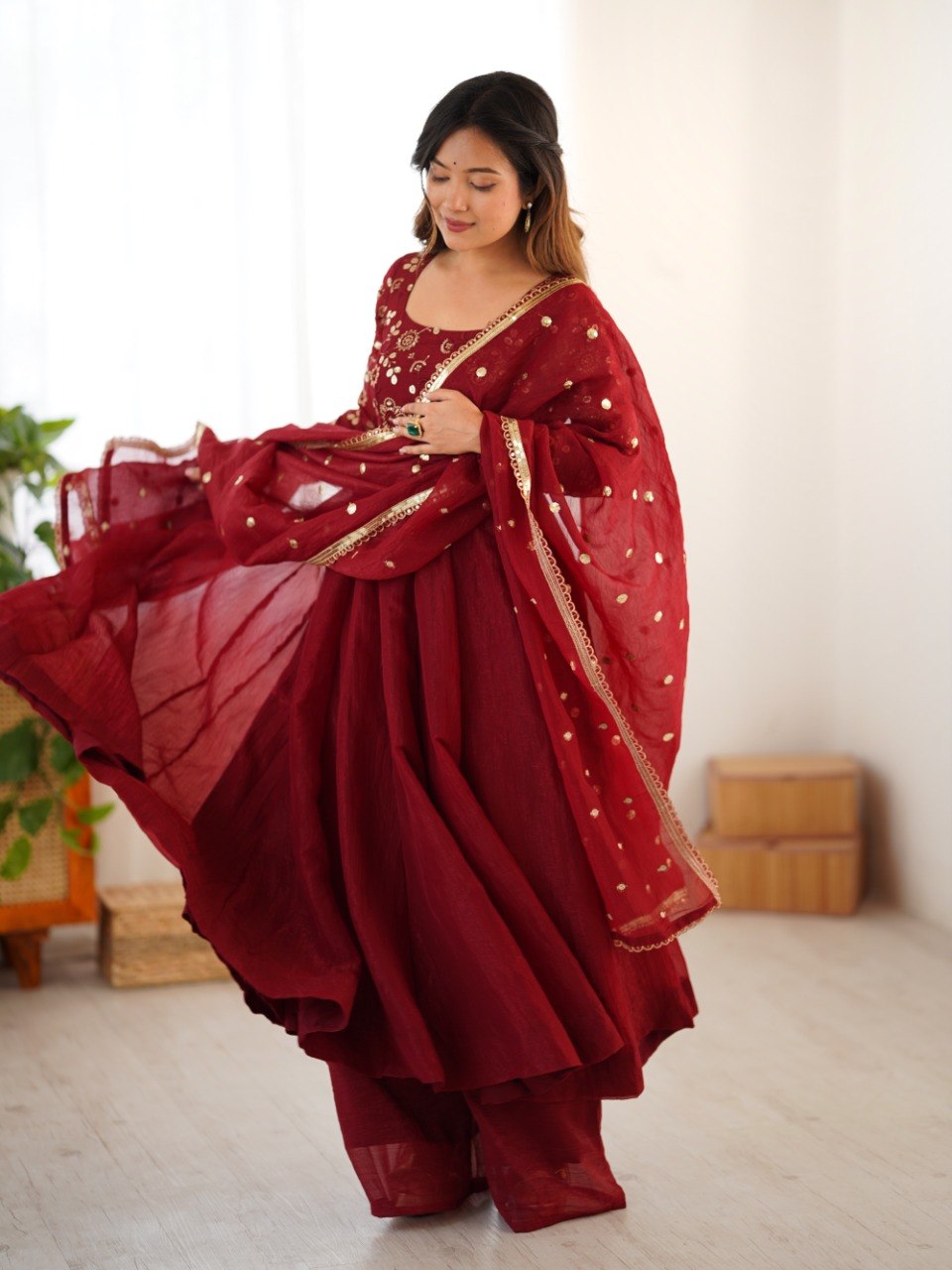 Maroon Crunchy Silk Gown with Embroidered Dupatta