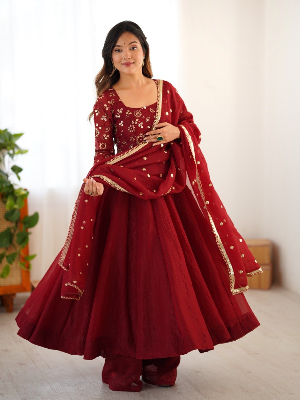 Maroon Crunchy Silk Gown with Embroidered Dupatta