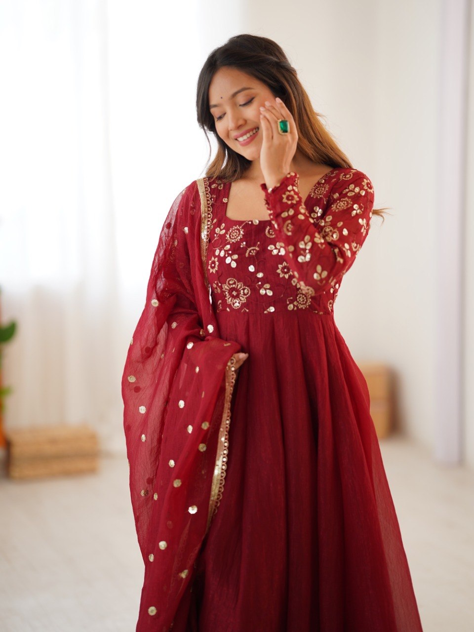 Maroon Crunchy Silk Gown with Embroidered Dupatta