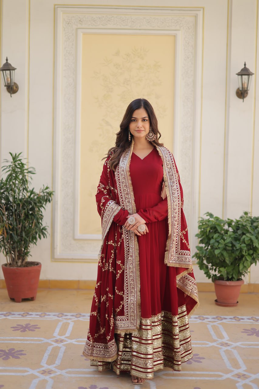 Maroon Faux Blooming Gown with Embroidered Dupatta