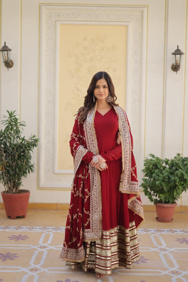 Maroon Faux Blooming Gown with Embroidered Dupatta