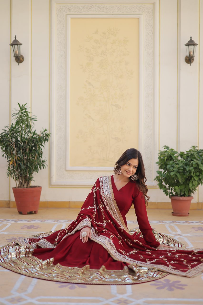 Maroon Faux Blooming Gown with Embroidered Dupatta