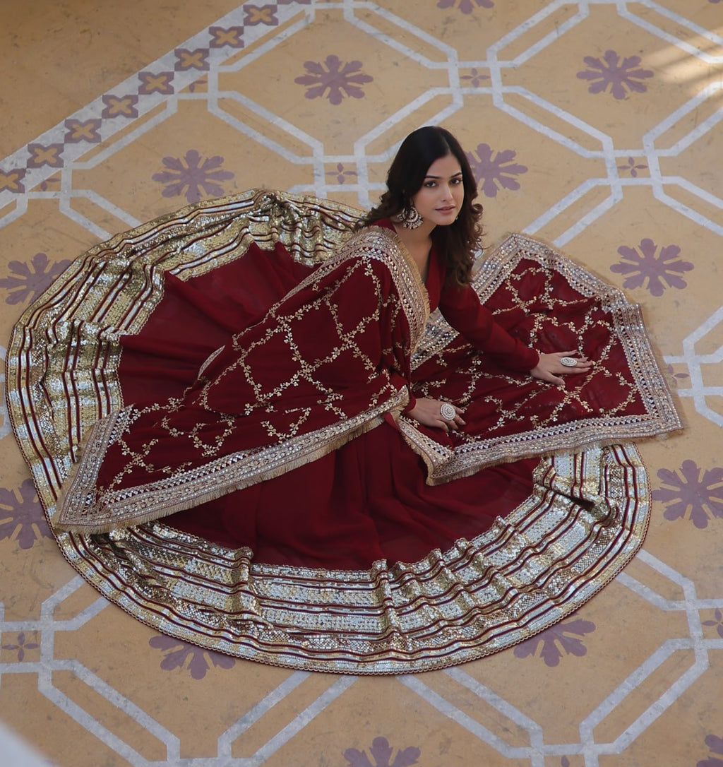 Maroon Faux Blooming Gown with Embroidered Dupatta