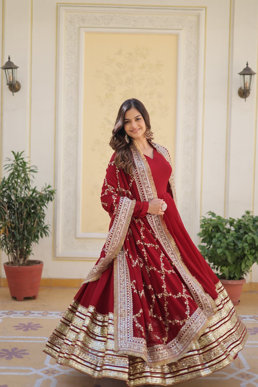 Maroon Faux Blooming Gown with Embroidered Dupatta