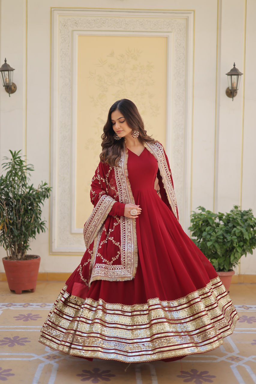 Maroon Faux Blooming Gown with Embroidered Dupatta