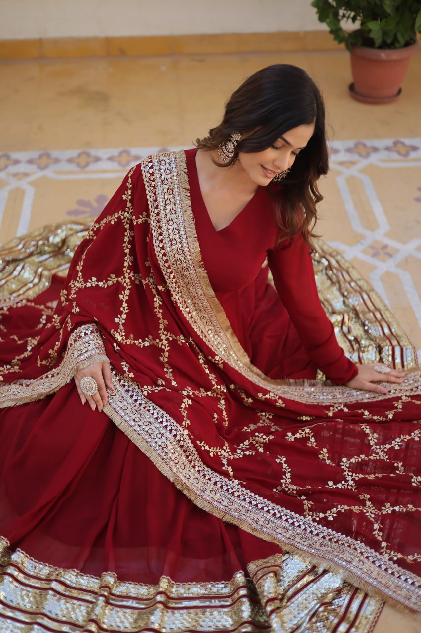 Maroon Faux Blooming Gown with Embroidered Dupatta