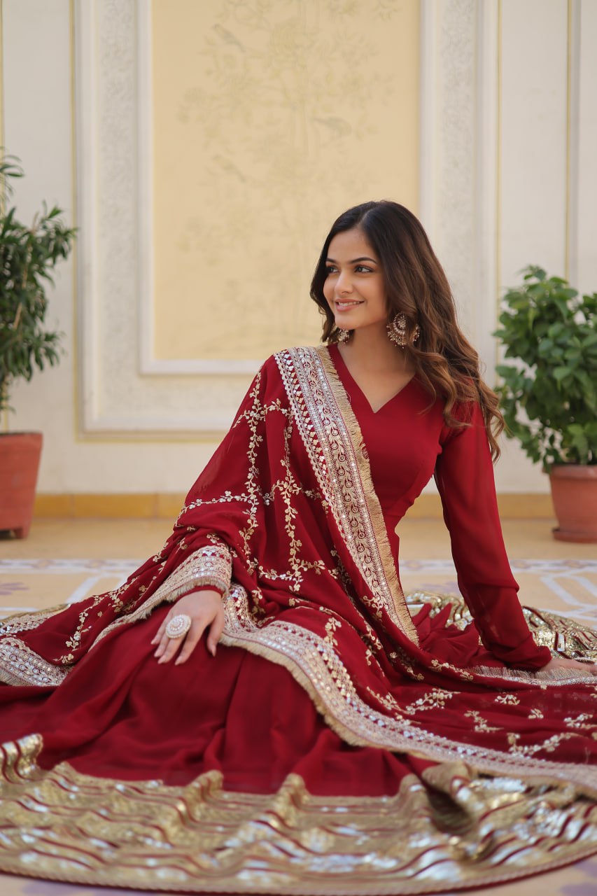 Maroon Faux Blooming Gown with Embroidered Dupatta