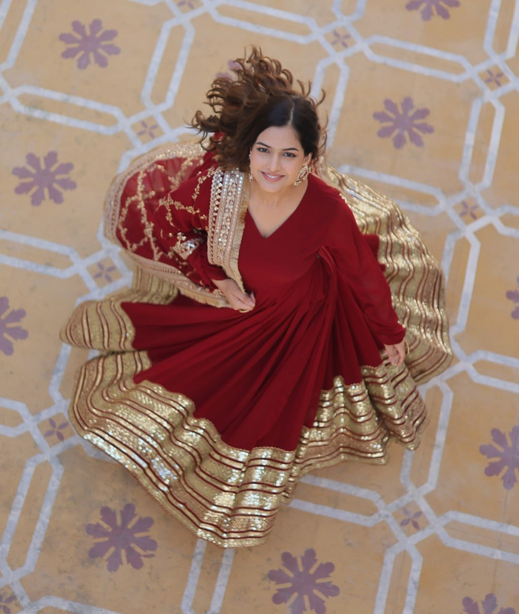 Maroon Faux Blooming Gown with Embroidered Dupatta