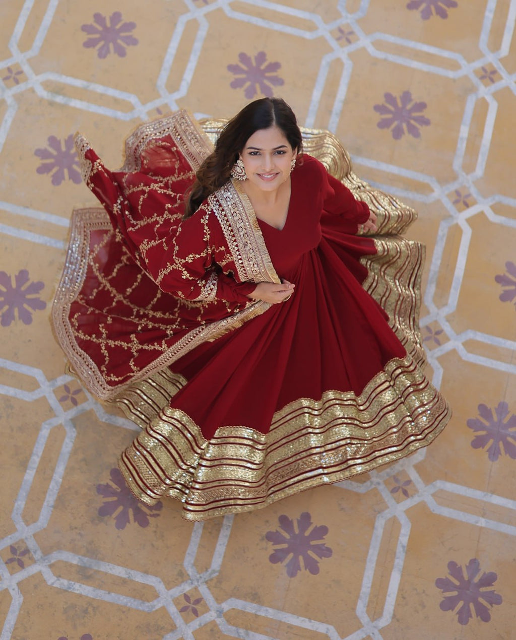 Maroon Faux Blooming Gown with Embroidered Dupatta