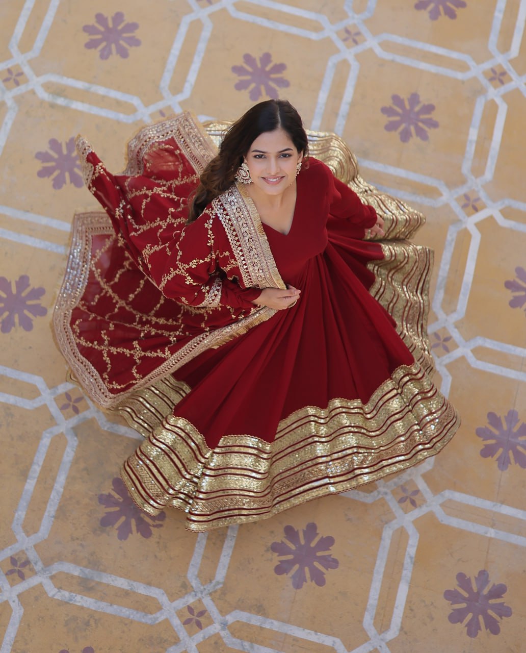 Maroon Faux Blooming Gown with Embroidered Dupatta