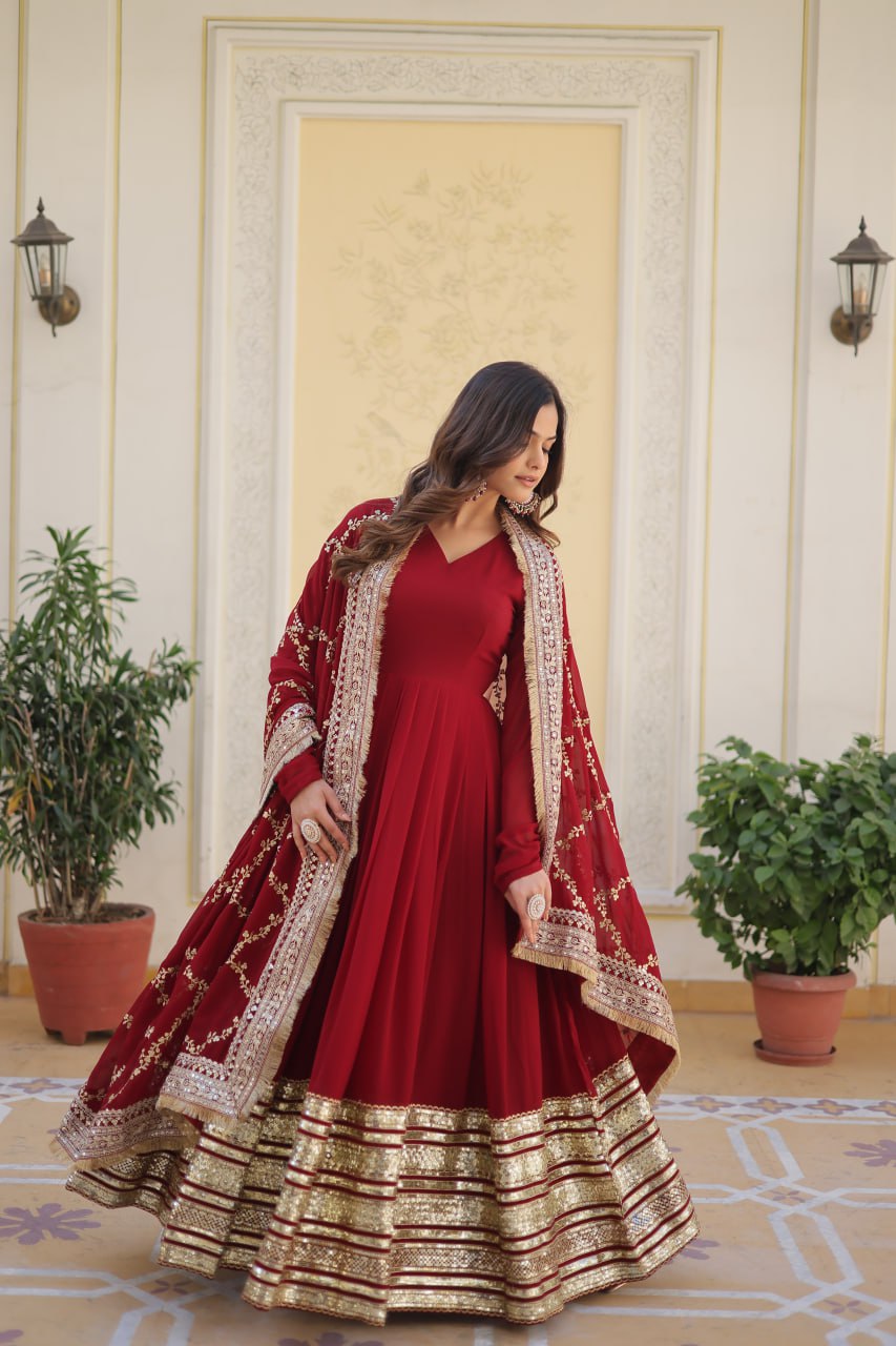 Maroon Faux Blooming Gown with Embroidered Dupatta