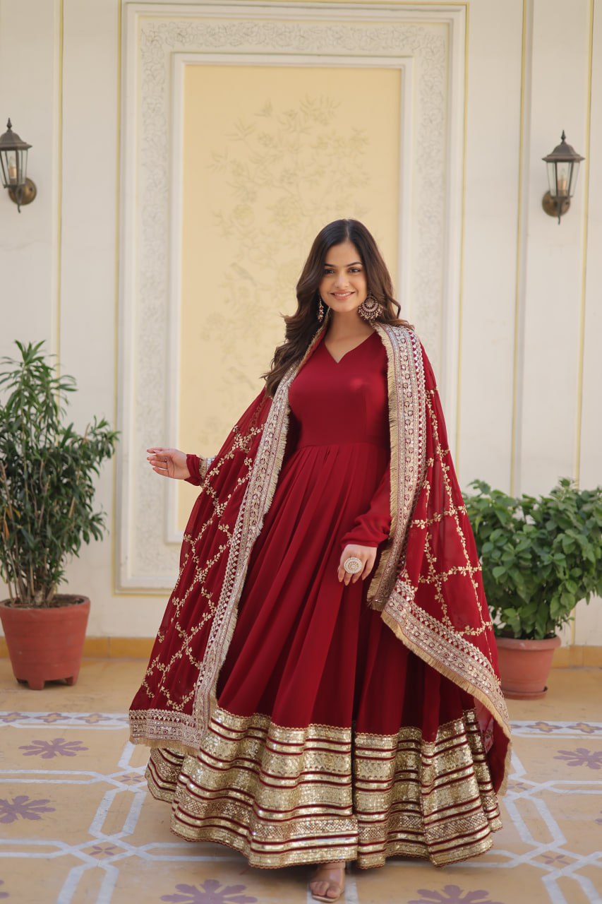 Maroon Faux Blooming Gown with Embroidered Dupatta