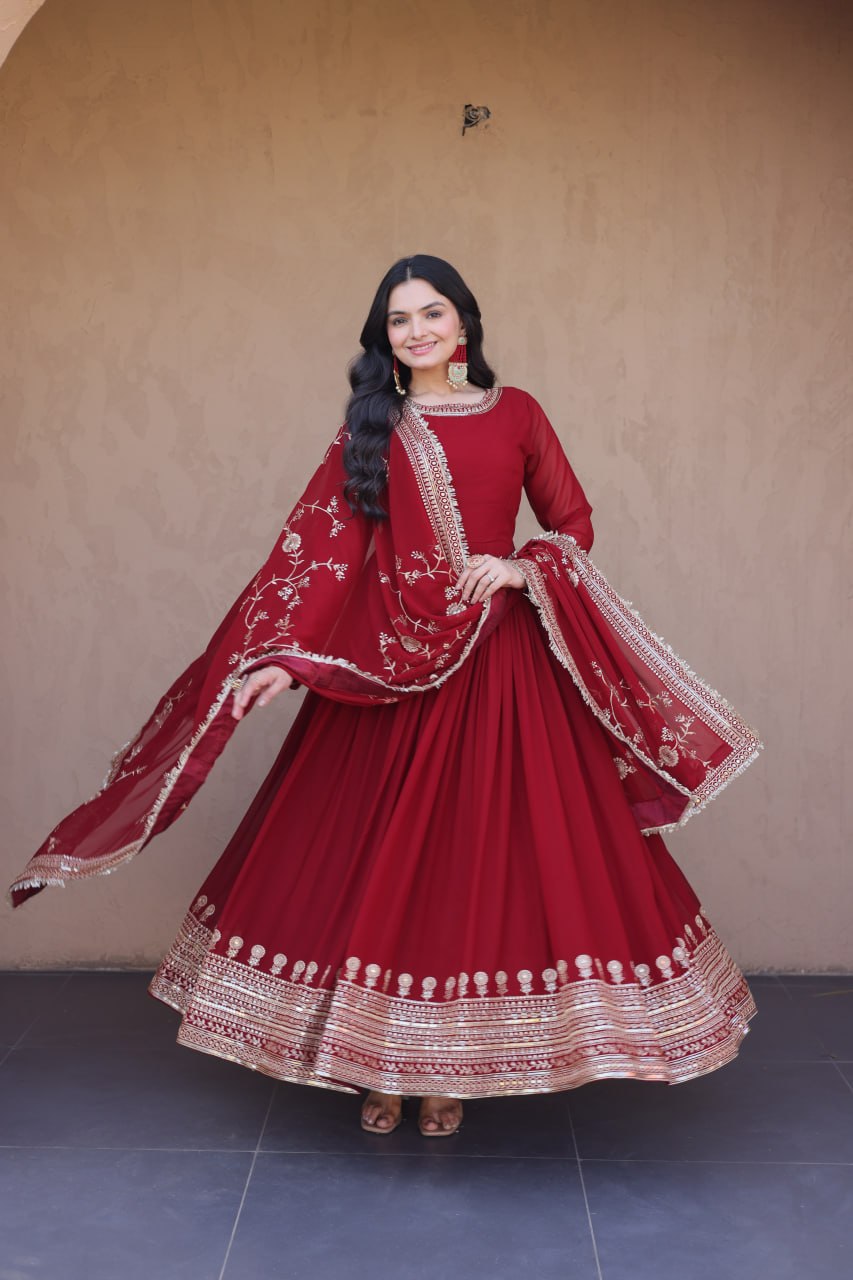 Maroon Faux Blooming Gown with Embroidery Zari Sequins Work