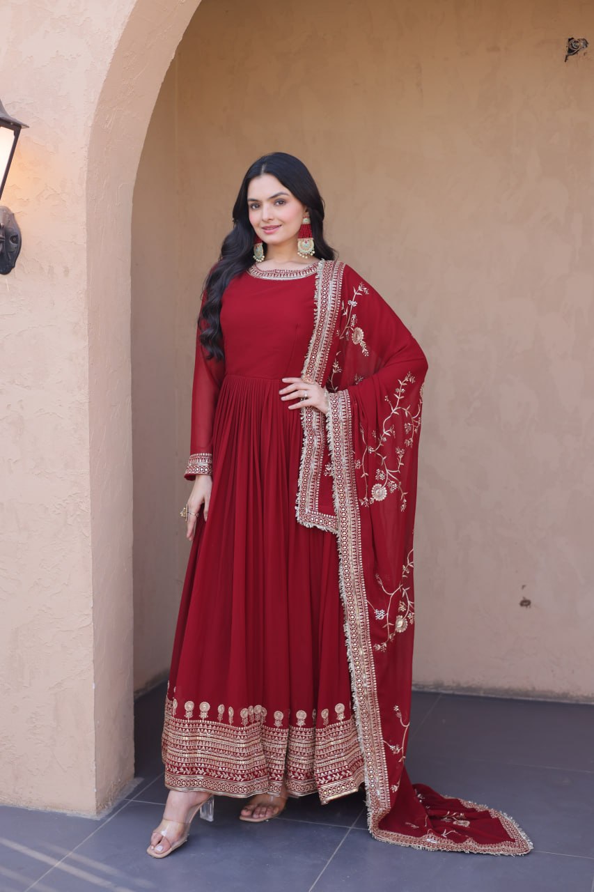 Maroon Faux Blooming Gown with Embroidery Zari Sequins Work