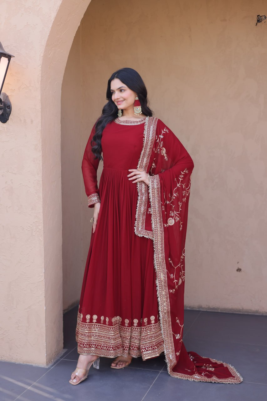 Maroon Faux Blooming Gown with Embroidery Zari Sequins Work