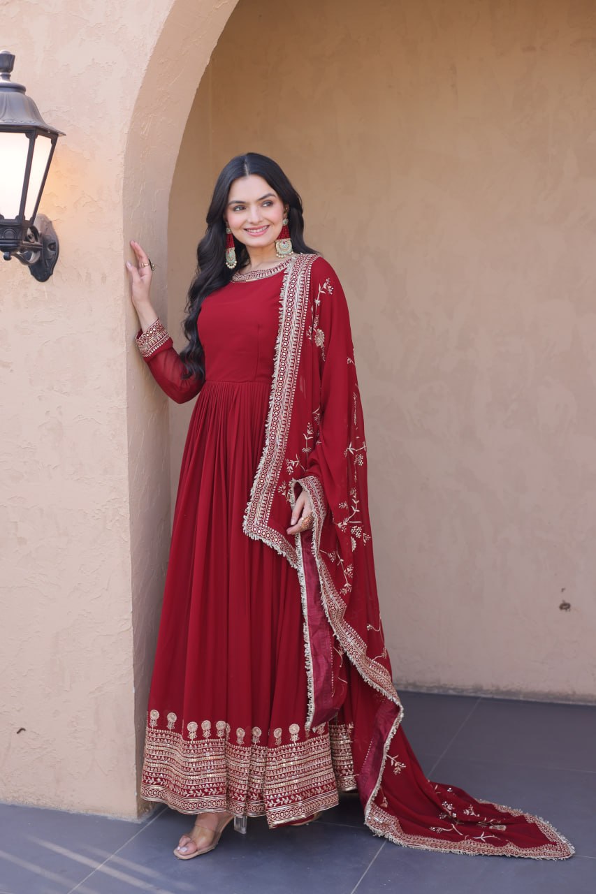 Maroon Faux Blooming Gown with Embroidery Zari Sequins Work