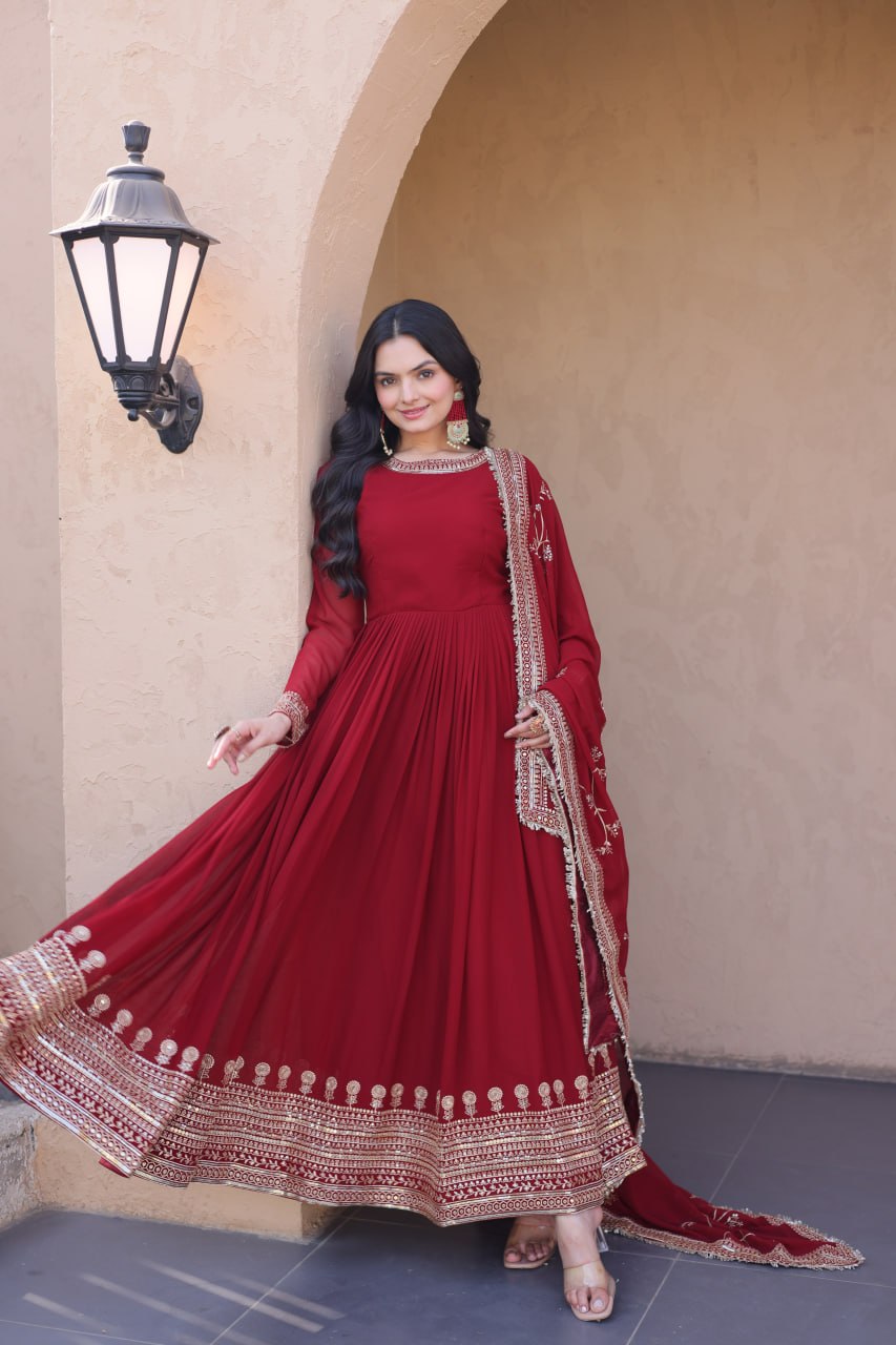 Maroon Faux Blooming Gown with Embroidery Zari Sequins Work