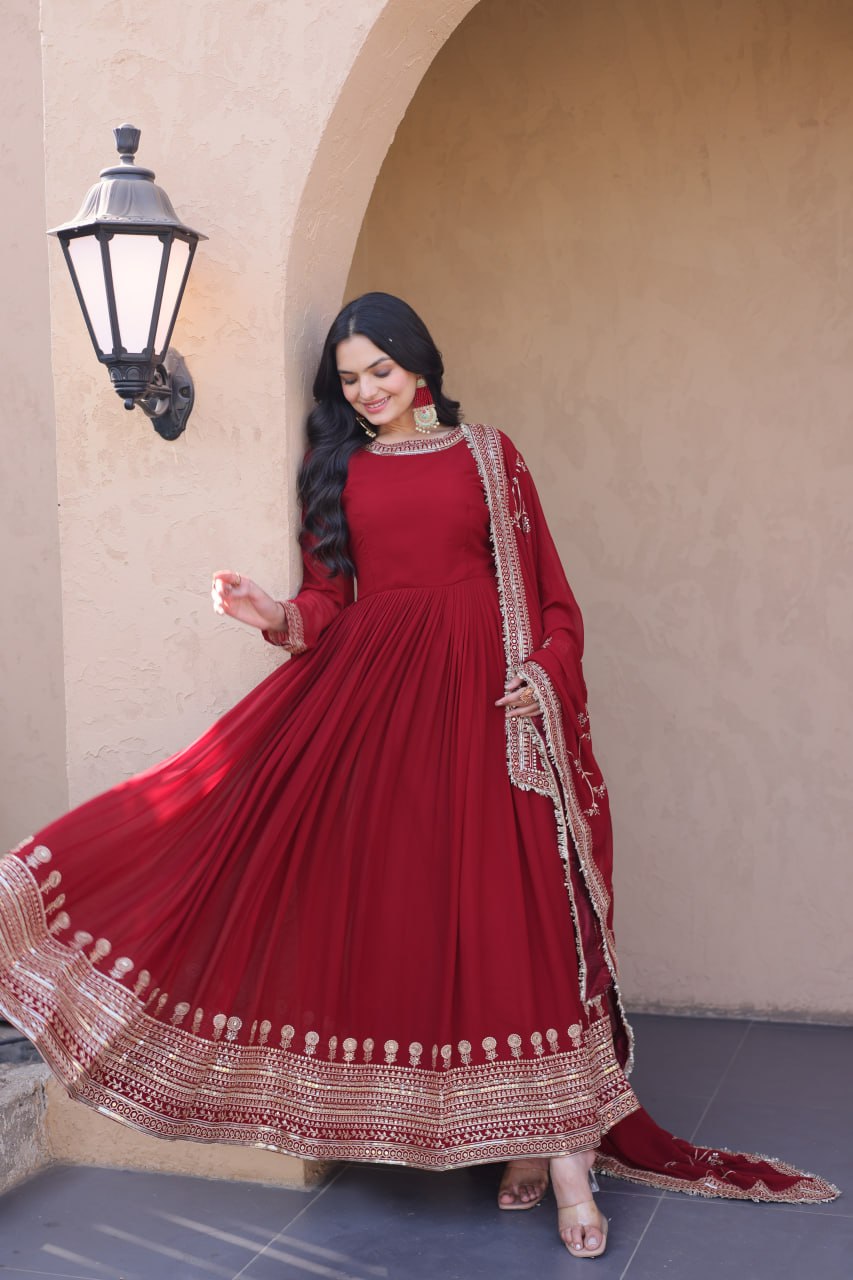 Maroon Faux Blooming Gown with Embroidery Zari Sequins Work
