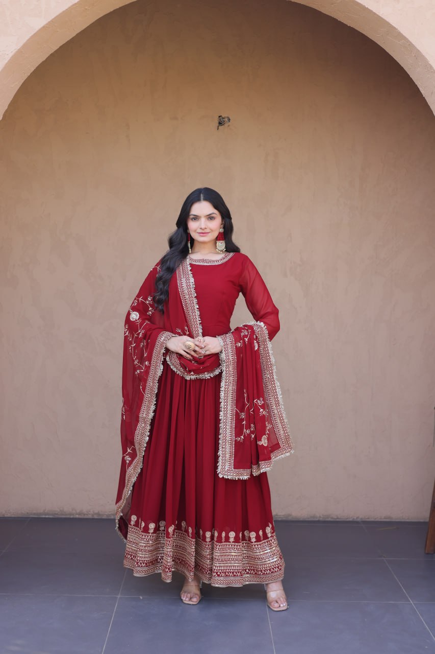Maroon Faux Blooming Gown with Embroidery Zari Sequins Work