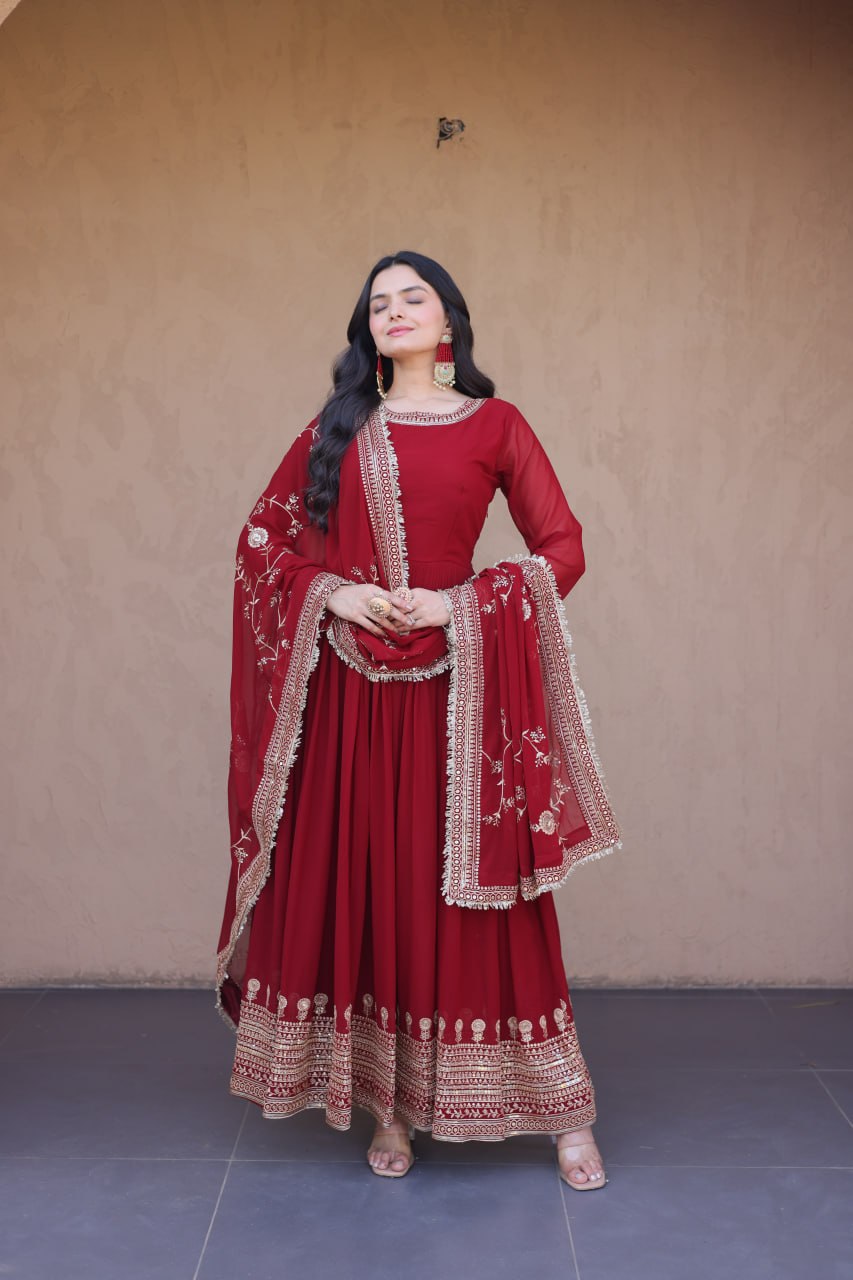 Maroon Faux Blooming Gown with Embroidery Zari Sequins Work