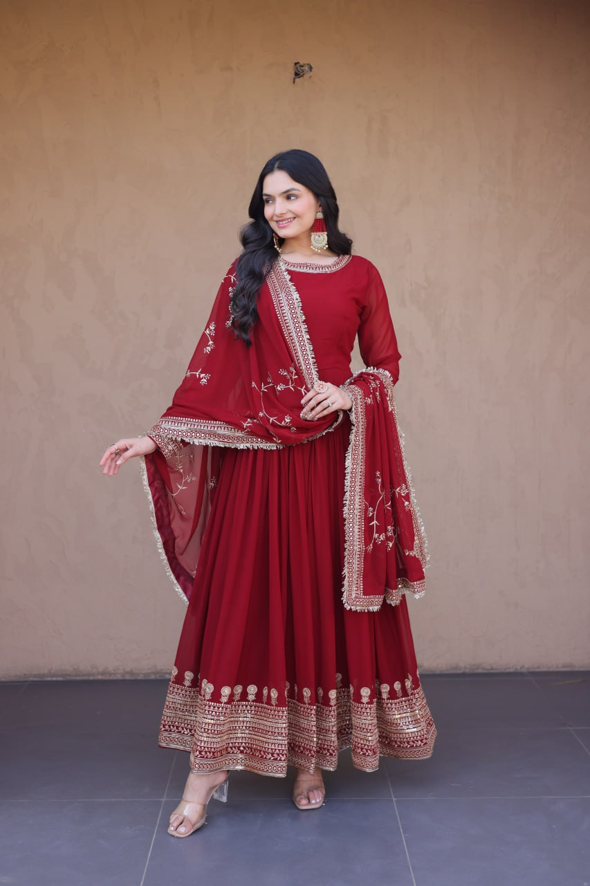 Maroon Faux Blooming Gown with Embroidery Zari Sequins Work