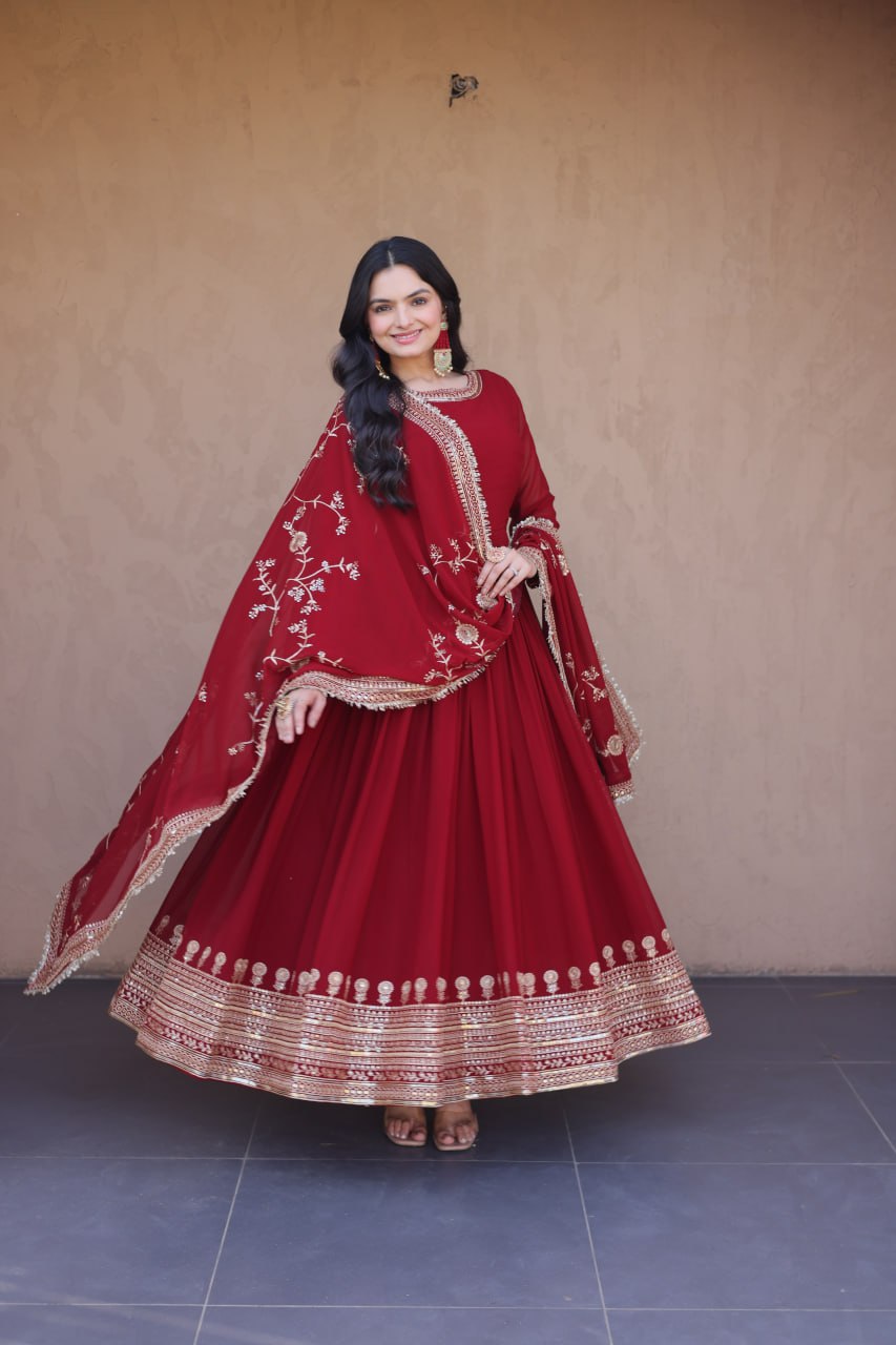 Maroon Faux Blooming Gown with Embroidery Zari Sequins Work