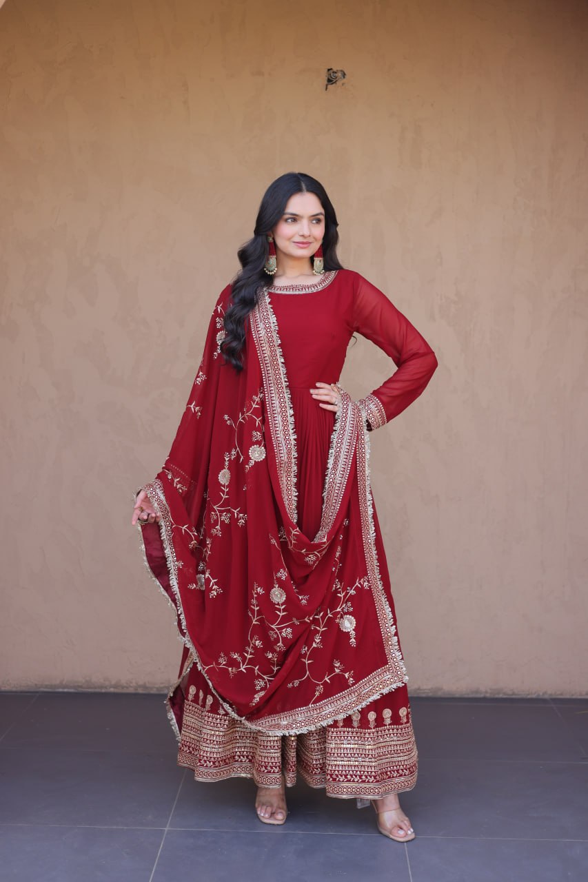 Maroon Faux Blooming Gown with Embroidery Zari Sequins Work