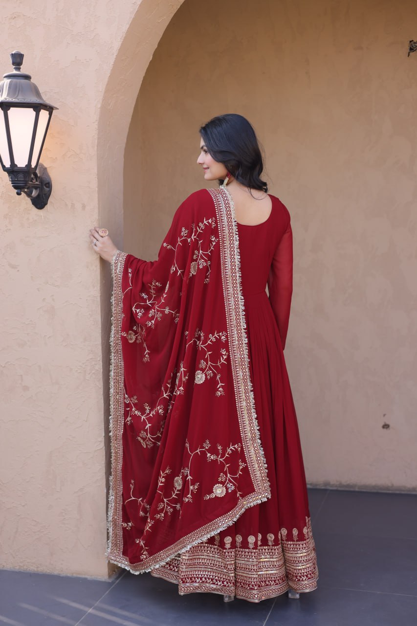 Maroon Faux Blooming Gown with Embroidery Zari Sequins Work