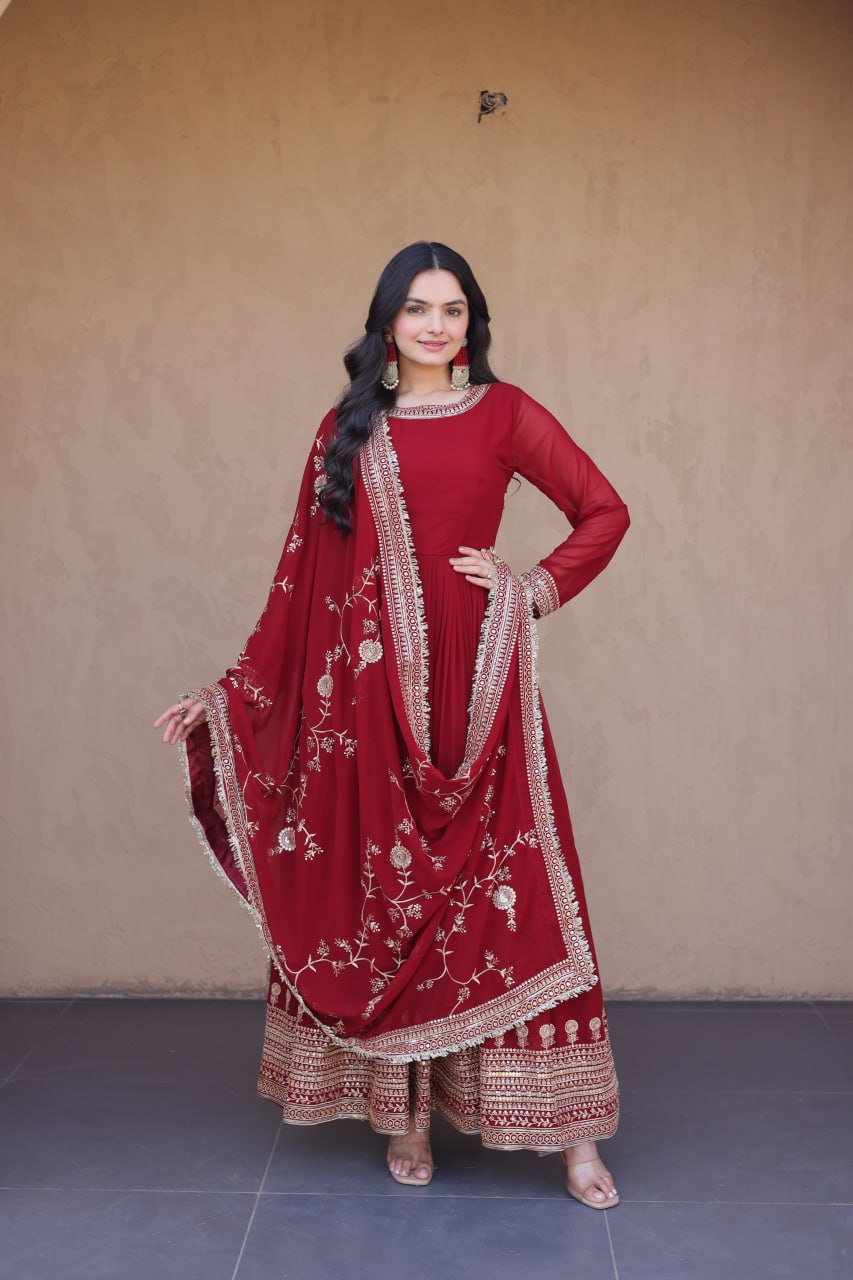 Maroon Faux Blooming Gown with Embroidery Zari Sequins Work
