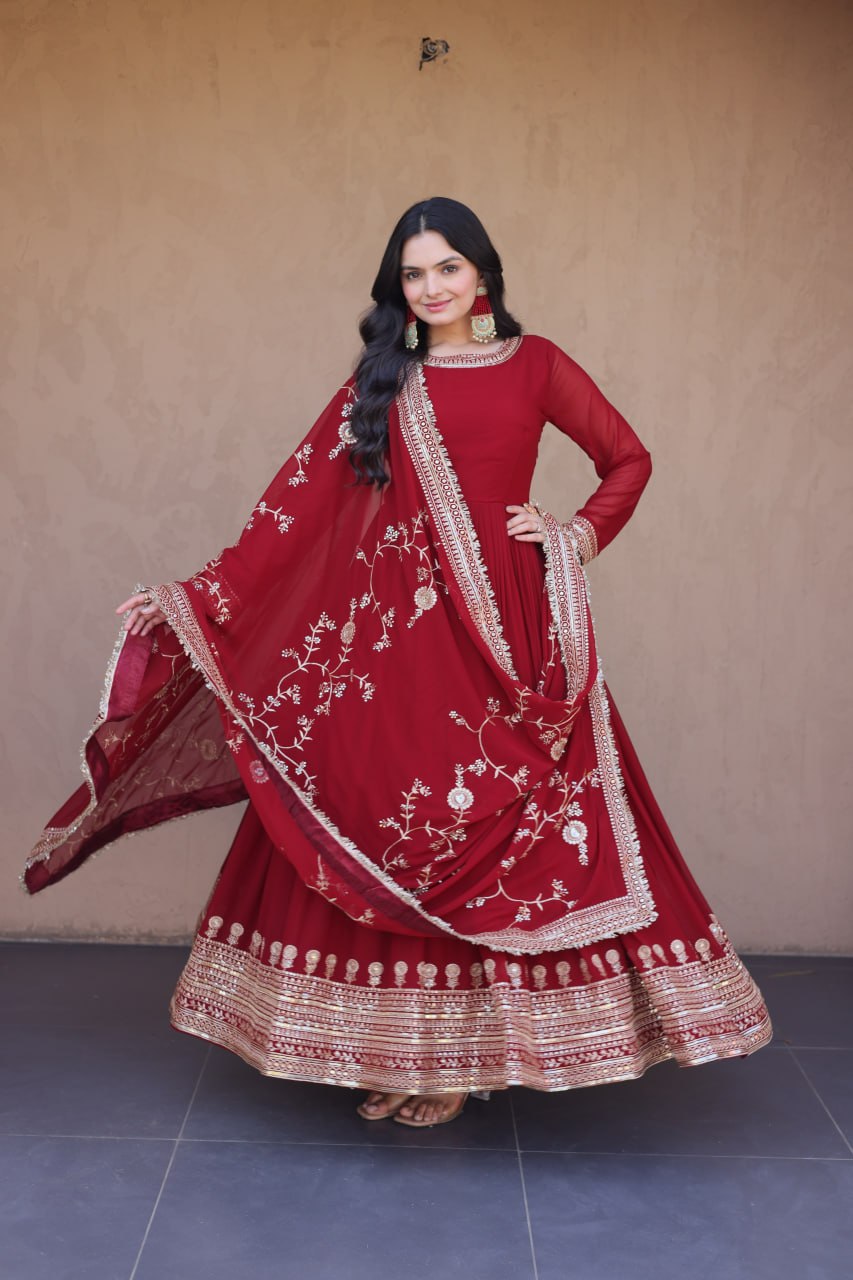 Maroon Faux Blooming Gown with Embroidery Zari Sequins Work