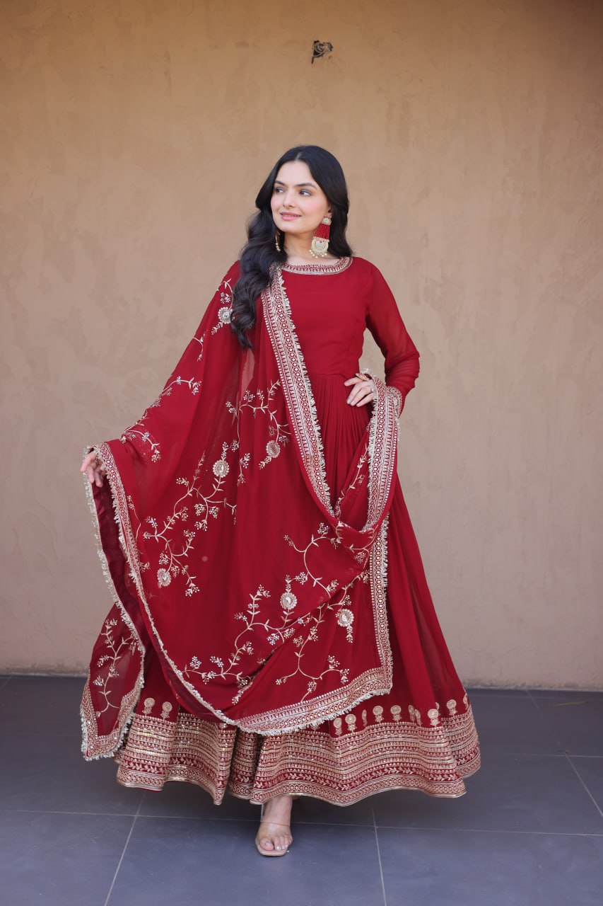 Maroon Faux Blooming Gown with Embroidery Zari Sequins Work
