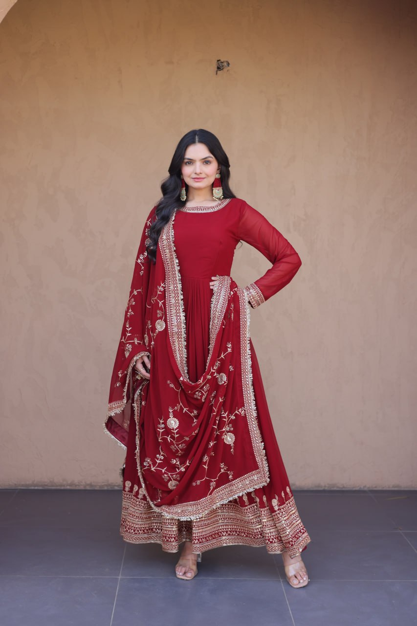 Maroon Faux Blooming Gown with Embroidery Zari Sequins Work