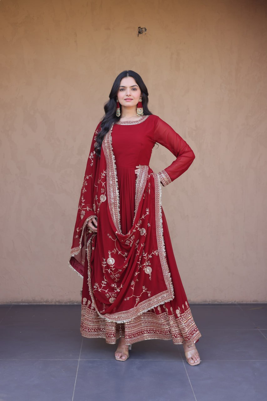 Maroon Faux Blooming Gown with Embroidery Zari Sequins Work