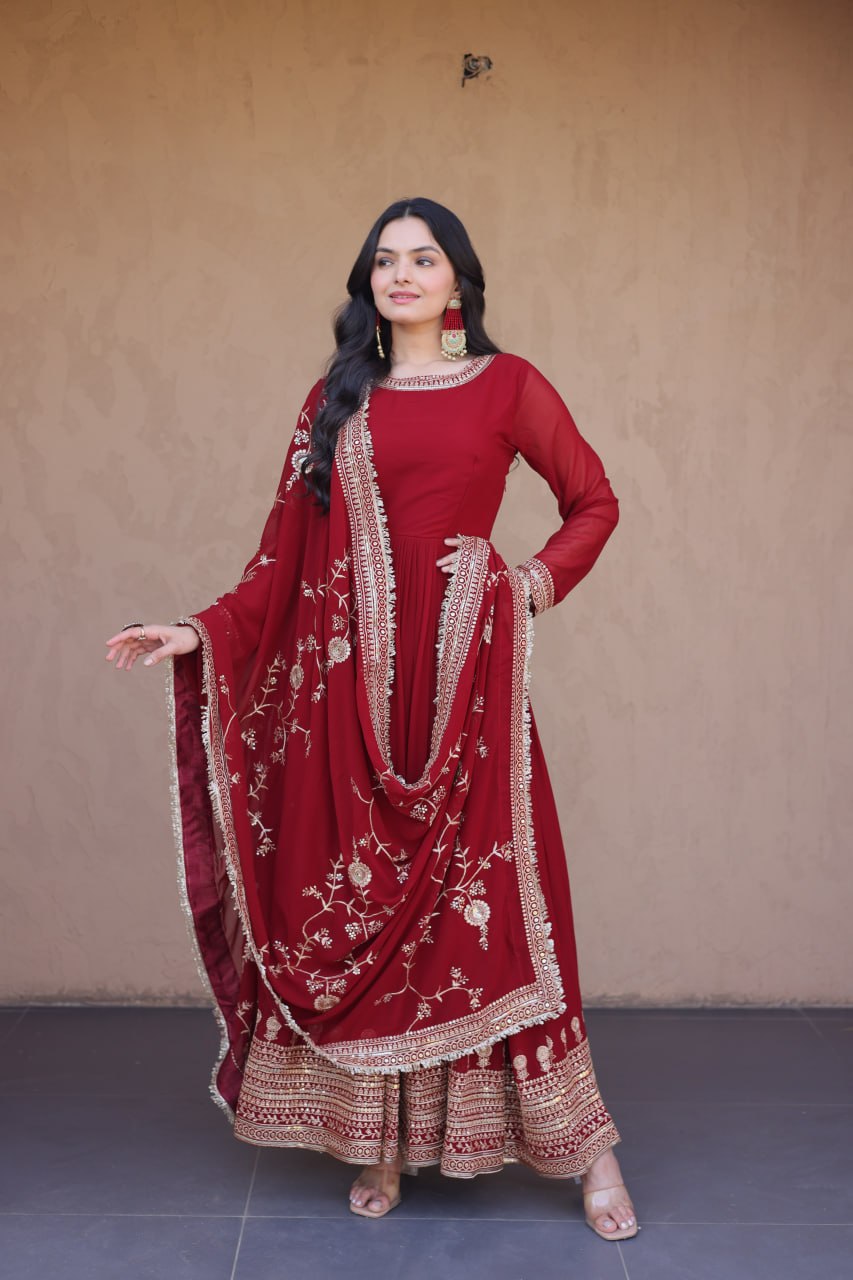 Maroon Faux Blooming Gown with Embroidery Zari Sequins Work