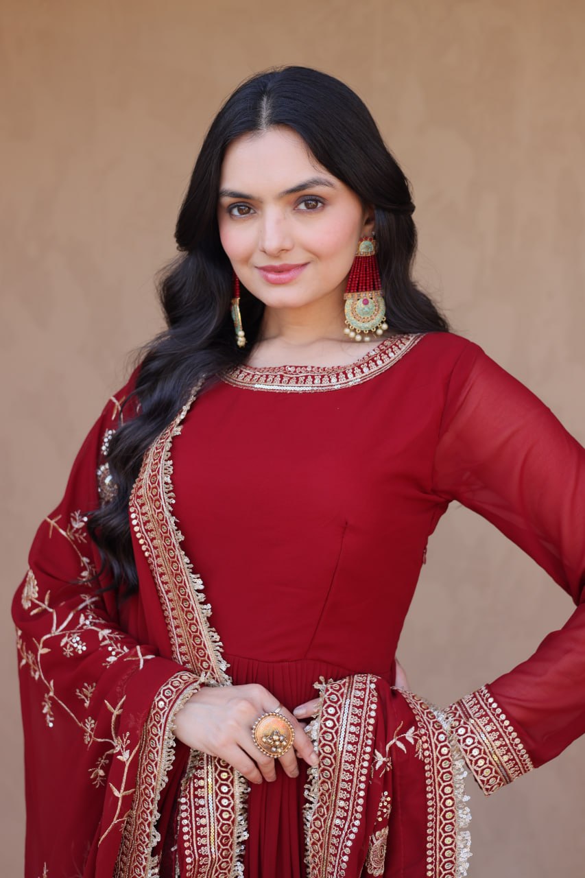 Maroon Faux Blooming Gown with Embroidery Zari Sequins Work