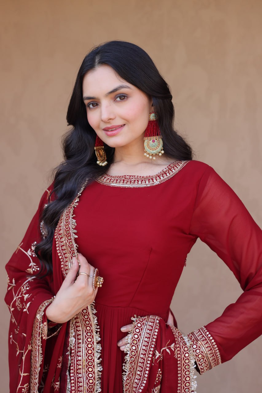Maroon Faux Blooming Gown with Embroidery Zari Sequins Work