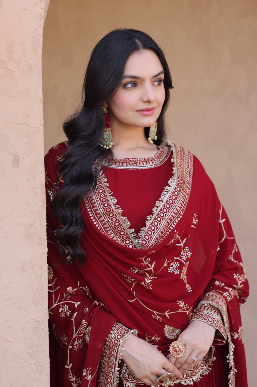 Maroon Faux Blooming Gown with Embroidery Zari Sequins Work