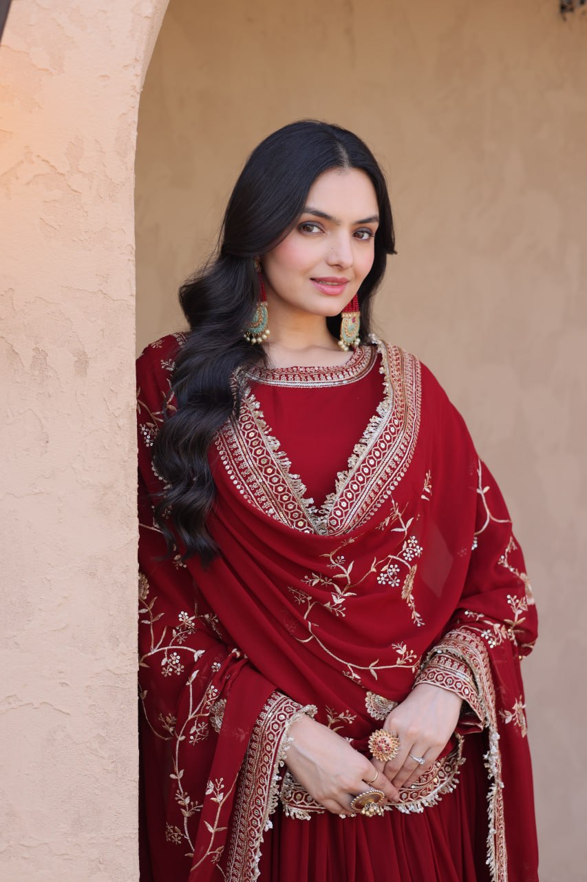 Maroon Faux Blooming Gown with Embroidery Zari Sequins Work