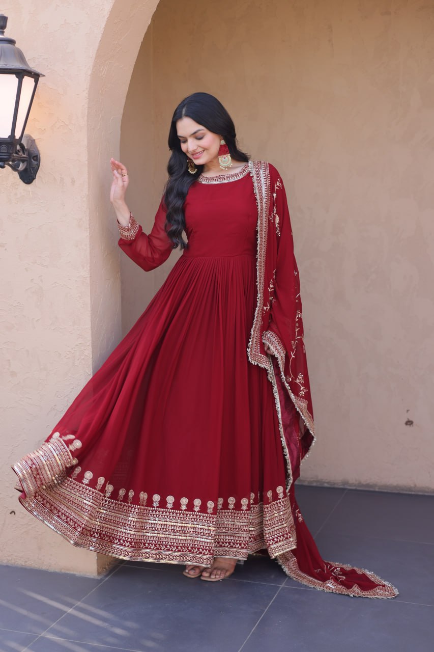 Maroon Faux Blooming Gown with Embroidery Zari Sequins Work