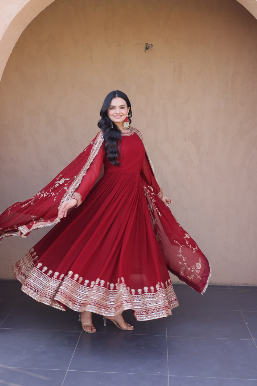 Maroon Faux Blooming Gown with Embroidery Zari Sequins Work