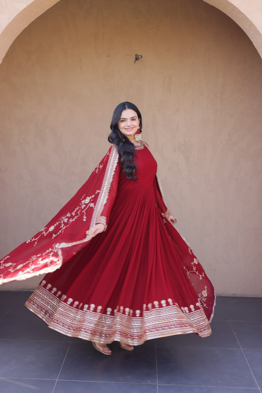 Maroon Faux Blooming Gown with Embroidery Zari Sequins Work
