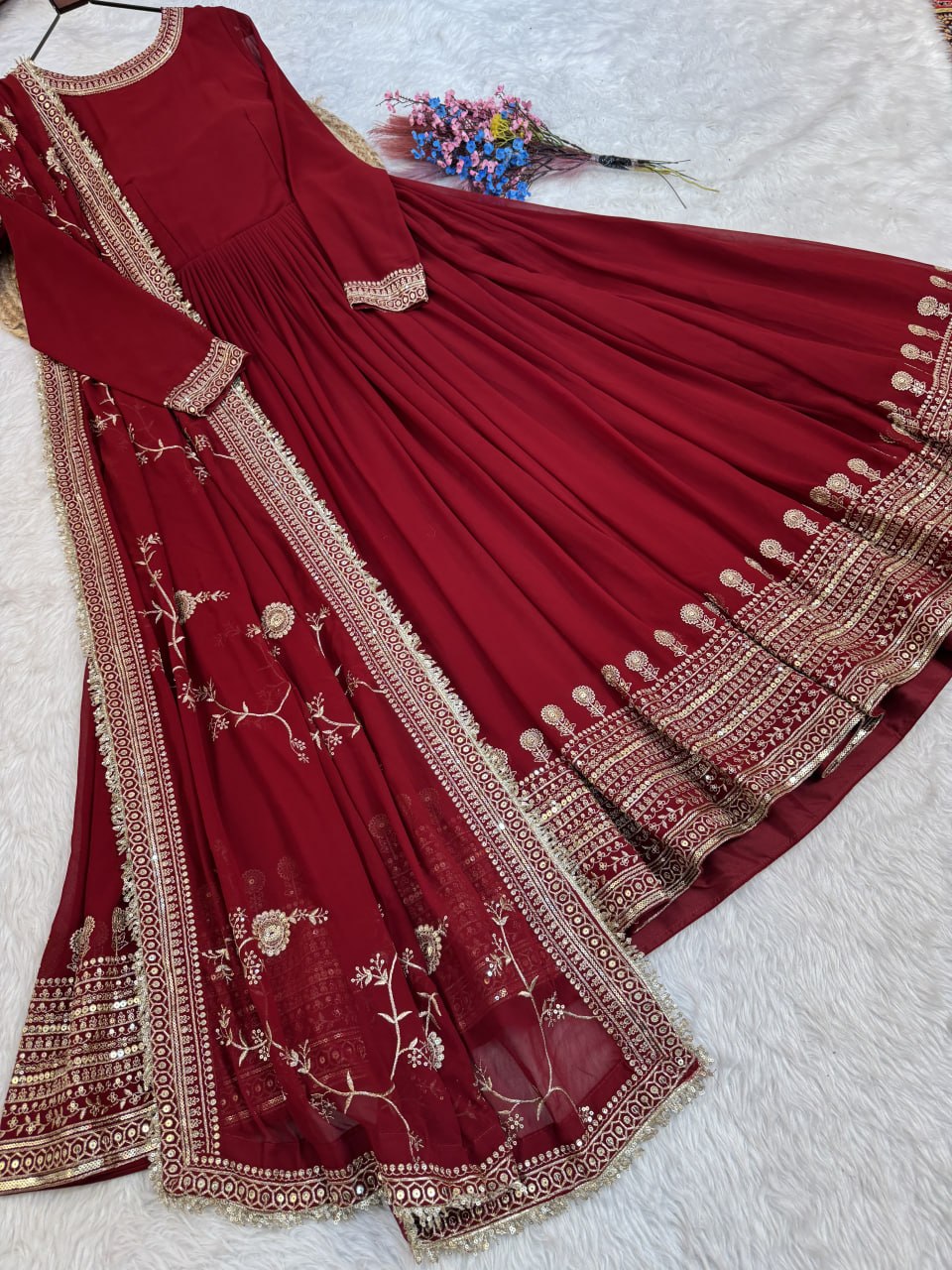 Maroon Faux Blooming Gown with Embroidery Zari Sequins Work