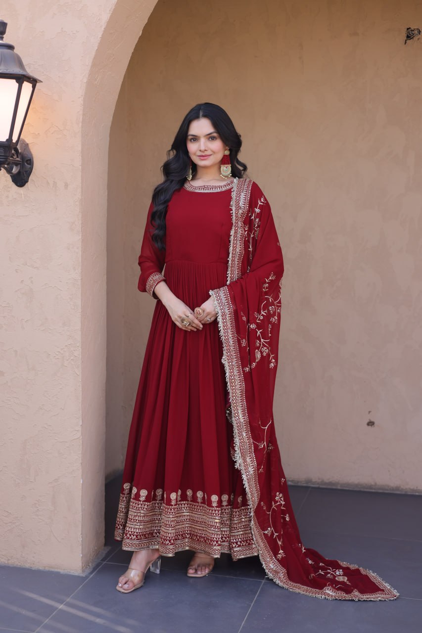 Maroon Faux Blooming Gown with Embroidery Zari Sequins Work