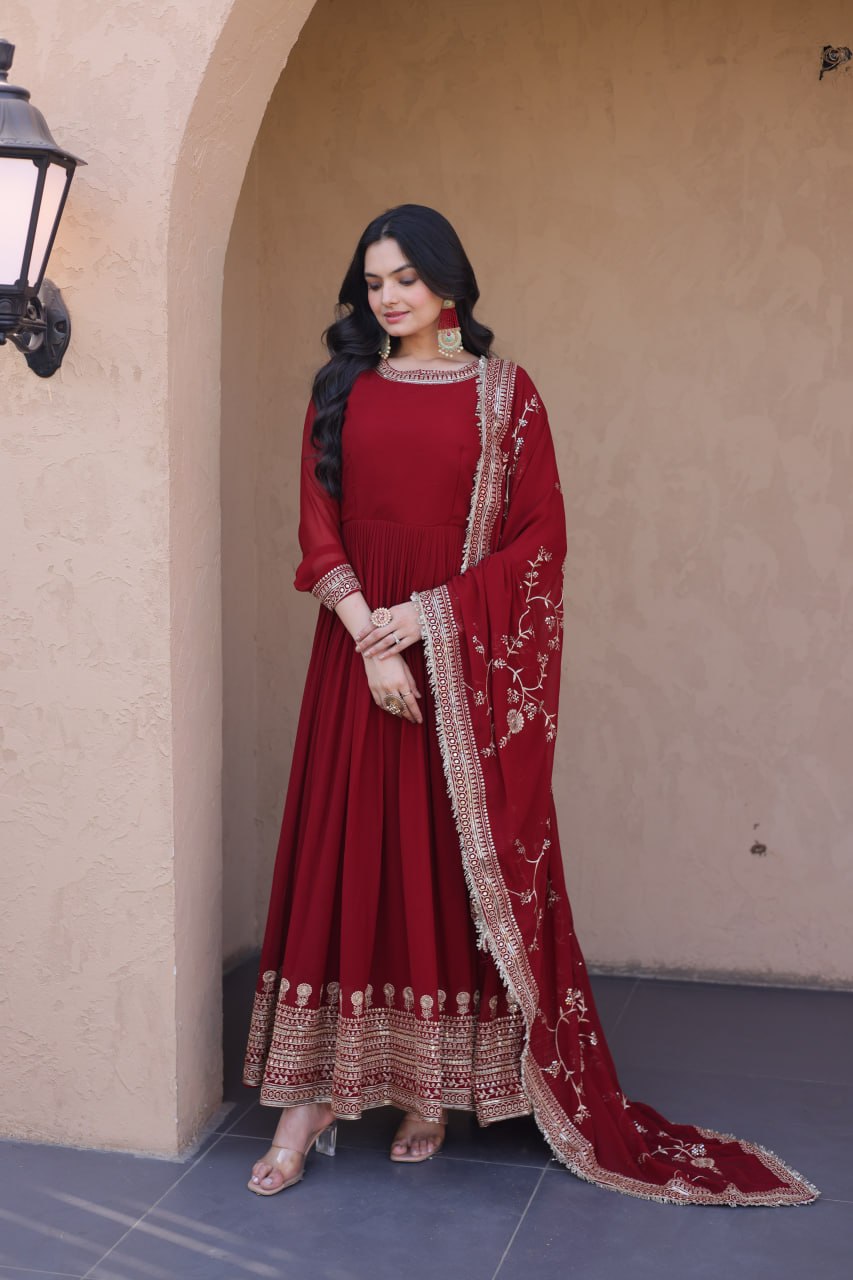 Maroon Faux Blooming Gown with Embroidery Zari Sequins Work