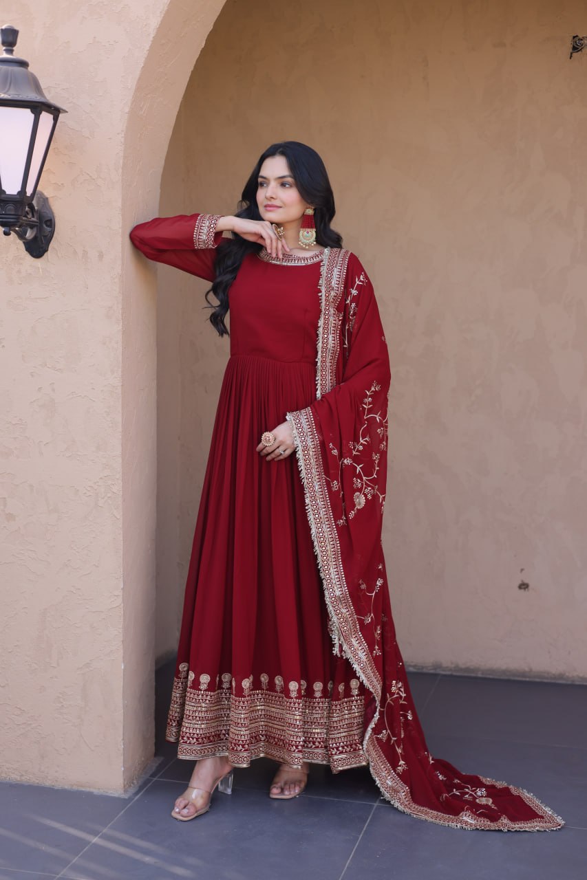 Maroon Faux Blooming Gown with Embroidery Zari Sequins Work