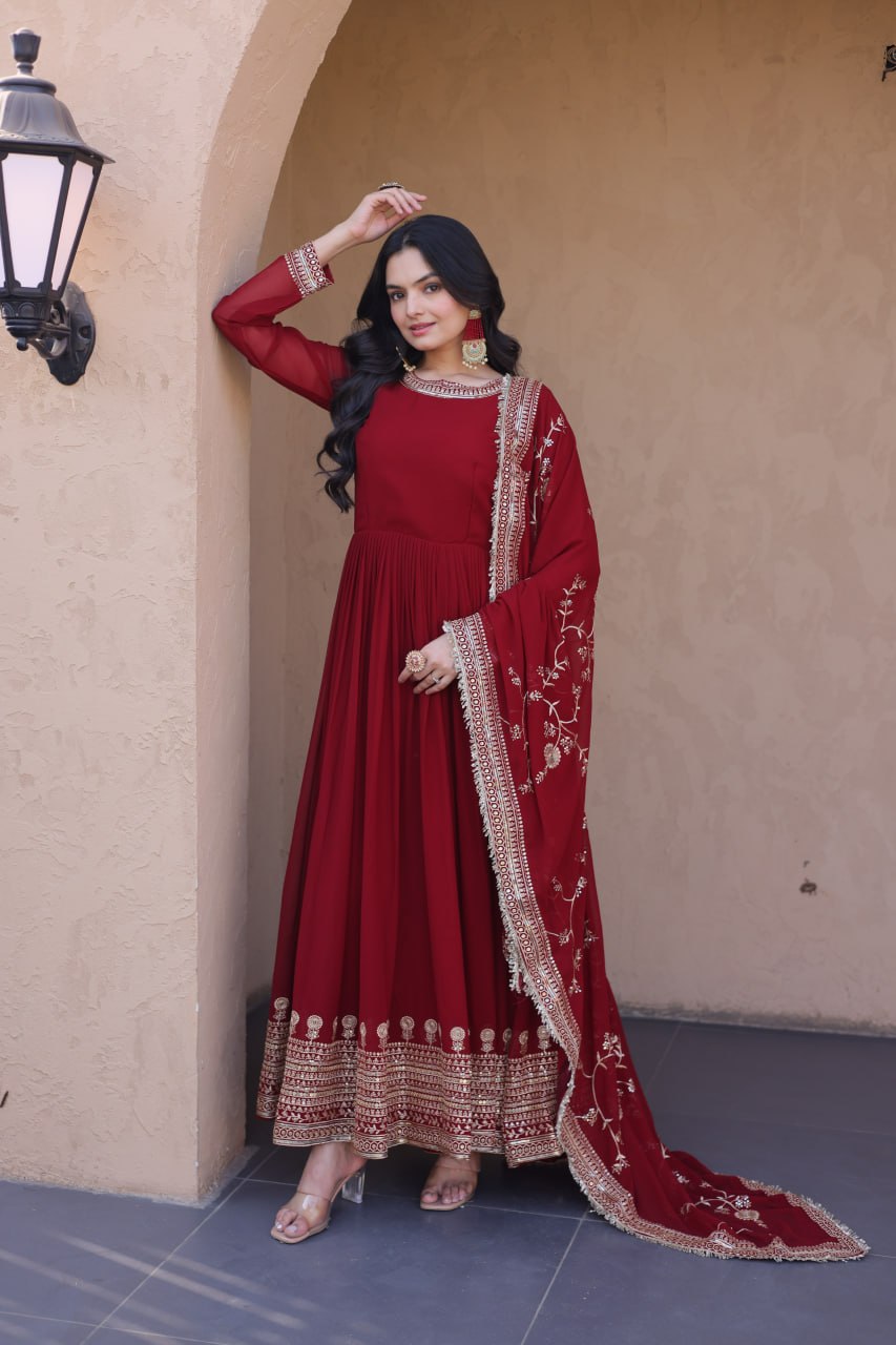 Maroon Faux Blooming Gown with Embroidery Zari Sequins Work