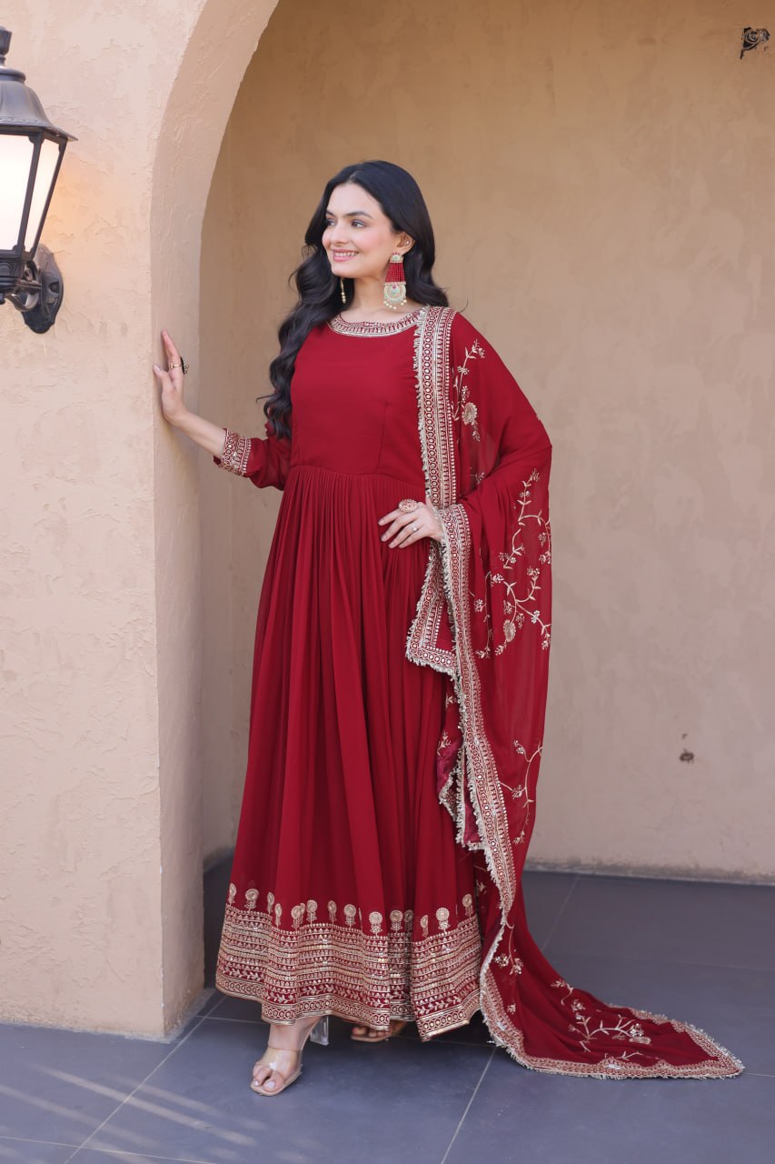 Maroon Faux Blooming Gown with Embroidery Zari Sequins Work