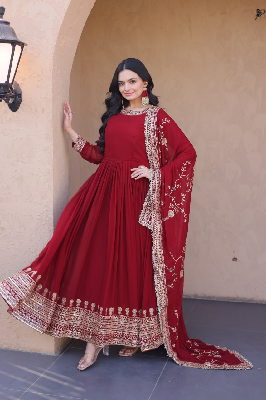 Maroon Faux Blooming Gown with Embroidery Zari Sequins Work