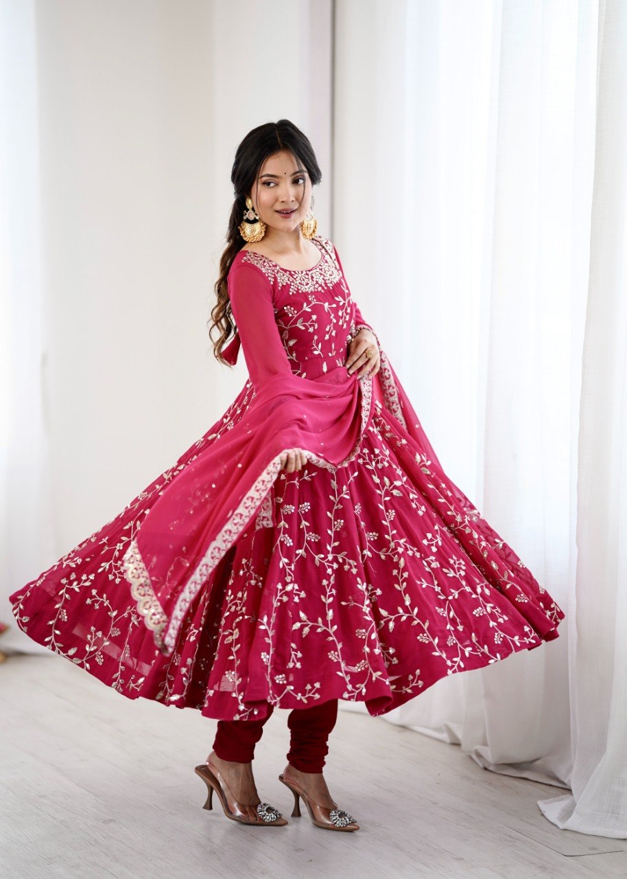 Maroon Faux Georgette Embroidered Anarkali Gown with Churidar and Dupatta